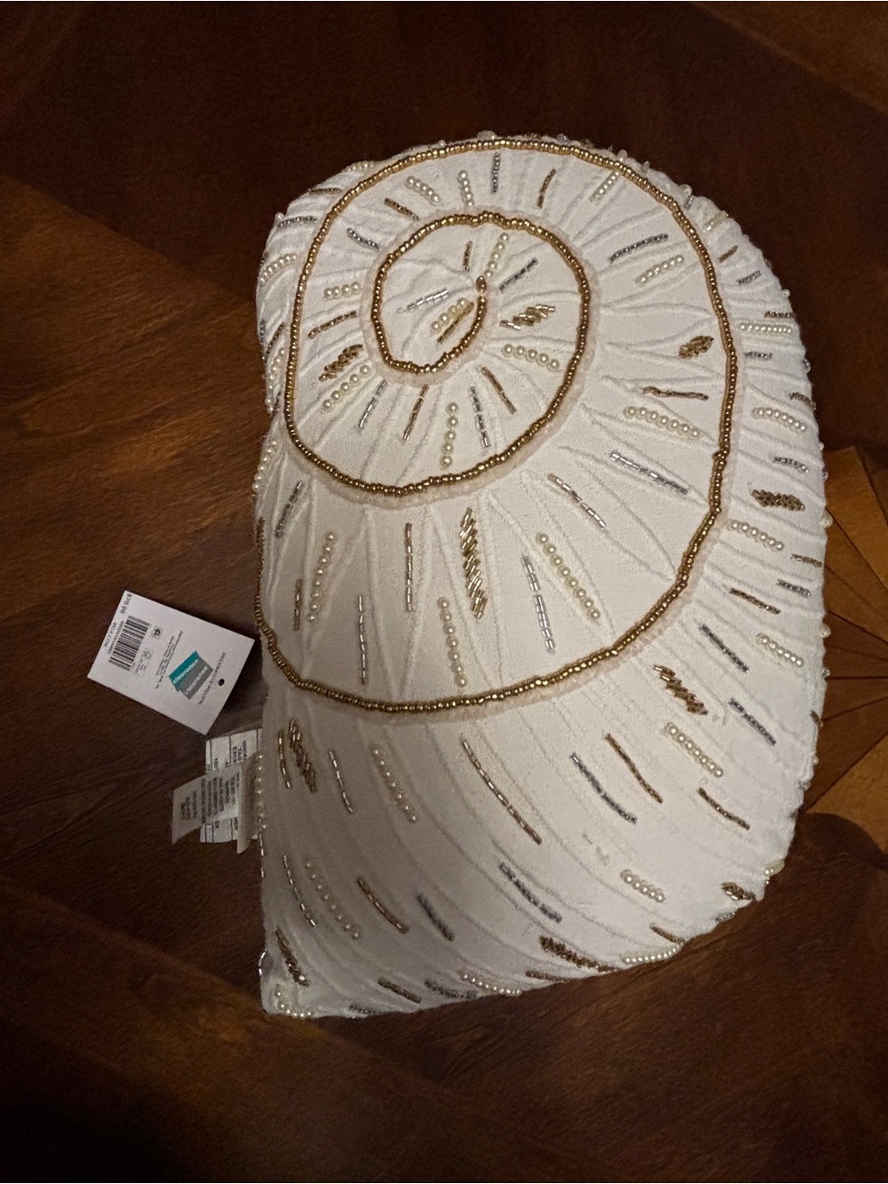 NWT Embellished White Shell Pillow with Gold & Silver Beading